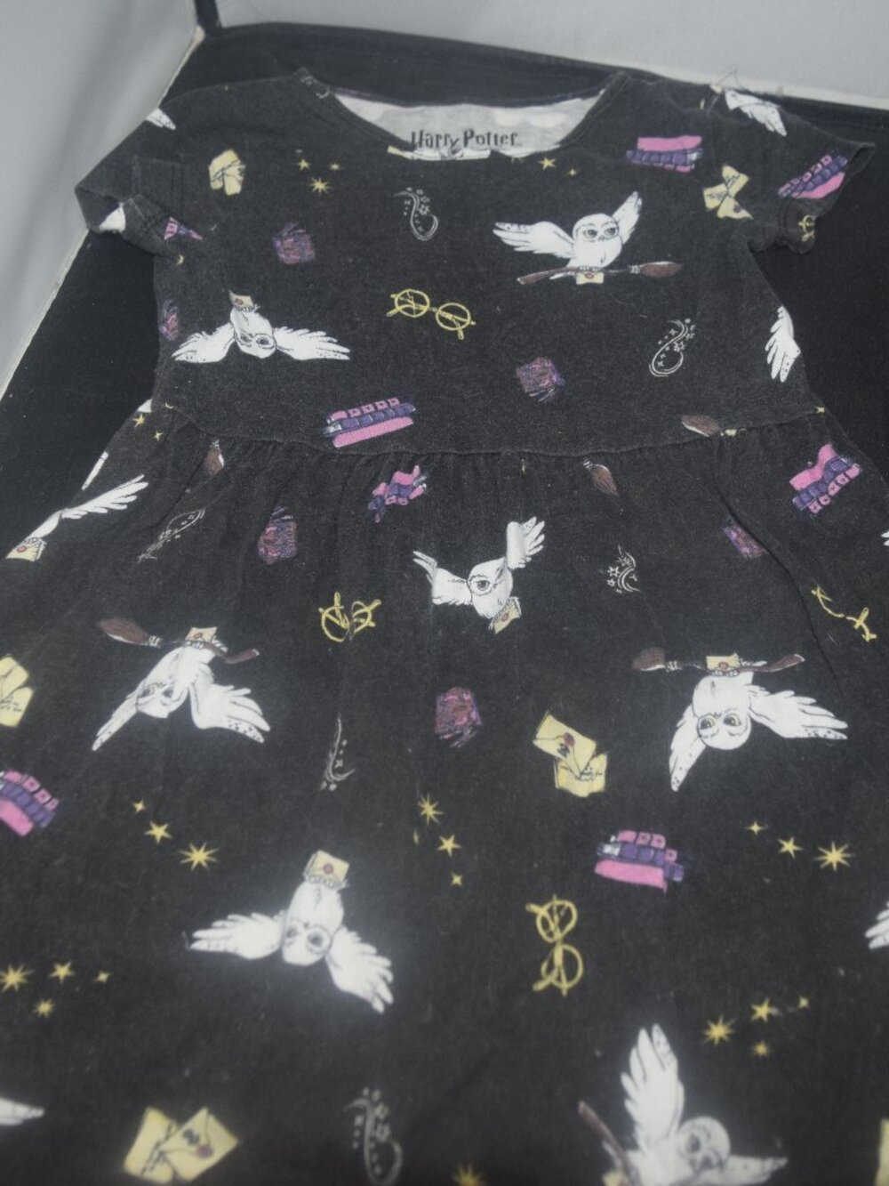 Harry Potter Girls Hedwig Owl All Over Print Jersey Dress Black Size XS (4-5)